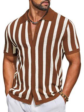 Men's Caramel Knit Short Sleeve Button Down Polo Striped Casual Beach Shirt